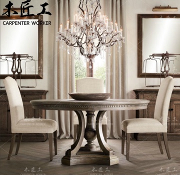美式乡村实木餐桌圆桌法式复古做旧餐桌椅欧式餐桌洽谈桌别墅家具