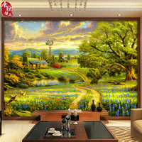美式乡村风景油画壁画欧式3D田园无纺布墙纸客厅卧室餐厅背景壁纸