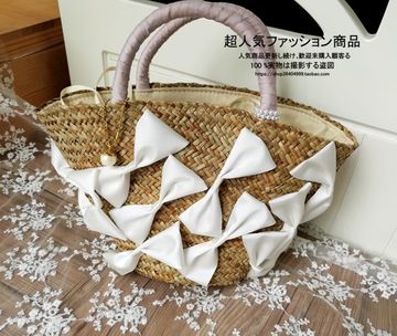 日本品牌 蝴蝶结手提手拎草编包草包拎包水草包