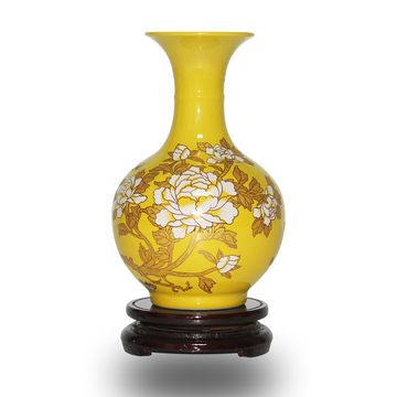 景德镇陶瓷器黄色牡丹插花瓶创意家居客厅装饰工艺品摆件婚庆摆设