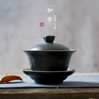 仿古|禅风黑石头釉黑陶盖碗 粗陶三才盖碗 日式茶泡器特价包邮