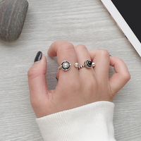 S925纯银韩国复古天然淡水珍珠黑玛瑙绿松石不对称圆珠女开口戒指