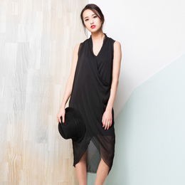 吾形原创设计雪纺连衣裙 自制欧美性感黑色V领褶皱个性连身裙