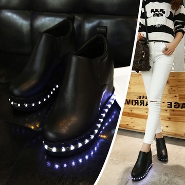 2016秋冬潮流时尚内增高厚底坡跟短靴LED发光闪动USB充电真皮女靴