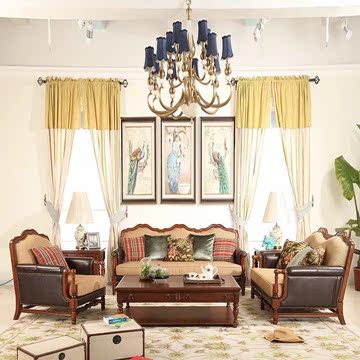 美式简约实木沙发 欧式客厅家具沙发组合 实木皮布沙发组合1+2+3
