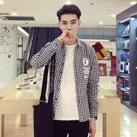 新款韩版秋季男士长袖衣服衬衫男修身休闲青少年薄款格子学生外套