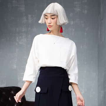 白色t恤2016秋装新品蝙蝠衫韩版简约一字领九分袖连袖短款上衣女