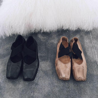 欧美新品舞芭蕾复古芭蕾浅口方头舒适平底女单鞋真皮休闲舞蹈鞋