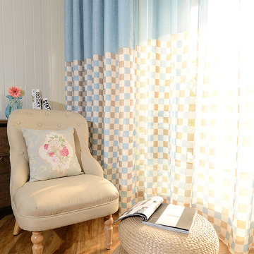 简约现代北欧蓝色格子客厅卧室书房定制落地半遮光高档棉麻纱窗帘