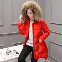 女冬装棉服羽绒棉中长款修身显瘦时尚纯色红色2016年新款韩版白搭