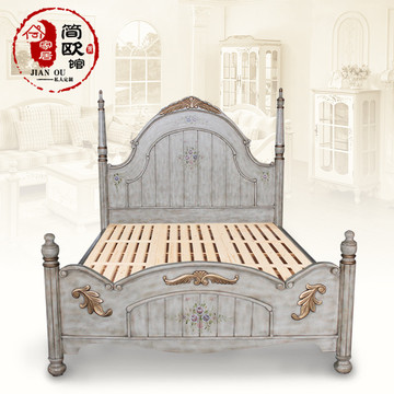 美式仿古彩绘实木双人床欧式做旧手绘描金卧室家具地中海公主婚床