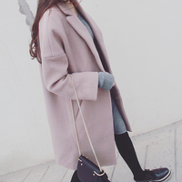 韩国代购2016秋冬装粉色宽松显瘦女毛呢外套韩版学生薄呢子大衣