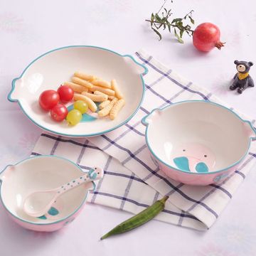 可爱卡通儿童餐具面碗盘子礼品套装陶瓷兔子米饭碗手绘大象动物碗