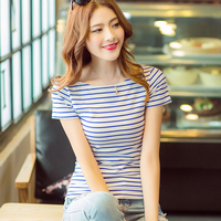 韩国2016短款修身棉质一字领条纹t恤女修身半袖女士显瘦上衣夏季