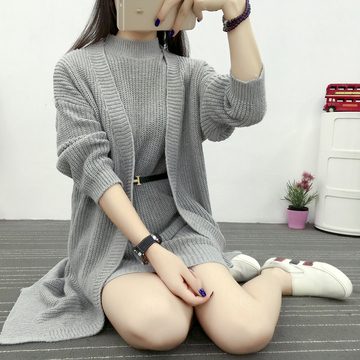 2016秋季新款针织衫套装女韩版时尚两件套中长款纯色开衫毛衣外套