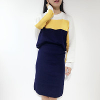 秋装韩版长袖条纹针织毛衣女士开叉中长款包臀裙套装休闲两件套冬