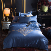 IU欧式四件套床上用品欧风奢华全棉贡缎长绒棉1.8蓝色刺绣六件套
