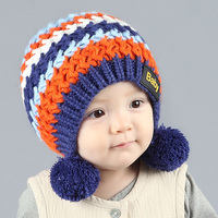韩版  秋冬季新款毛线针织宝宝帽  婴幼儿彩条毛线保暖帽 护耳帽