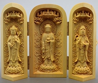黄杨木雕三开盒工艺小摆件手把件随身佛像西方三圣如来佛观音势至