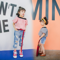 2017夏新款韩版中大童一字领格子T恤儿童上衣童装漏肩短袖打底衫