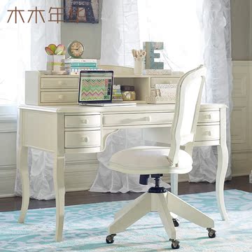 白色创意全实木书桌书架组合 韩式田园实木书桌电脑桌写字台定制