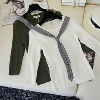 2016秋季韩版修身显瘦七分袖针织衫女纯色圆领系带打底衫