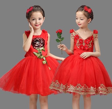 儿童表演服新款女童公主裙学生合唱服幼儿舞蹈连衣裙蓬蓬纱裙红色