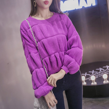 秋季韩版新款蝙蝠袖针织衫上衣时尚纯色宽松灯笼长袖套头毛衣女潮
